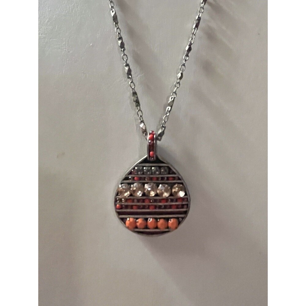 Vintage 80s Guess Silver Tone Beaded Red Orange Pendant Necklace Preppy